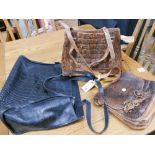 3 old leather and crocodile skin bags