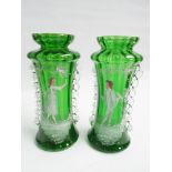Large pair of late Victorian green frilled glass vases with Mary Gregory style romantic couple