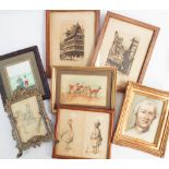 Collection of 19th century and later pencil drawings, watercolours, and prints,