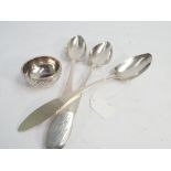 3 Georgian silver tablespoons and a Russian salt cellar