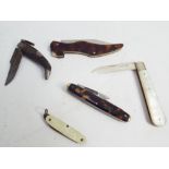 Collection of five Victorian pen knives to include silver bladed example and one in the form of a