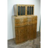 1930s art deco style double bow fronted cabinet with fitted cupboards and drawers with glazed