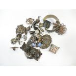 Collection of silver brooches, white metal bangle, sixpence and bracelet etc.