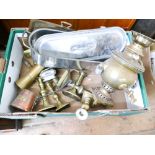 Large box of brass candlesticks, other brass items, copper trays, fish steamer etc.