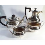 1930s four piece tea service by Viners of Sheffield, marks 1936 and 1937 with engraved initial F.