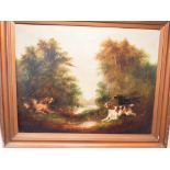 Frank Cassell oil on canvas depicting three gun dogs flushing a pheasant in a wooded landscape,