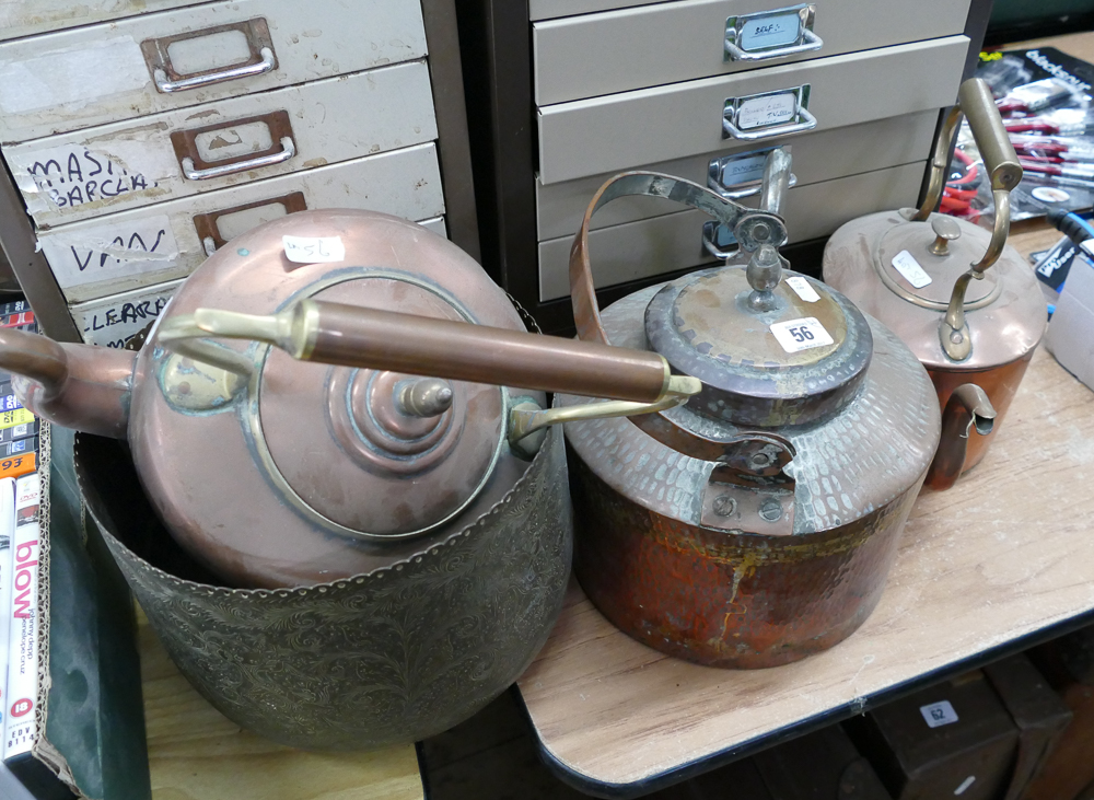 3 copper kettles and a copper bowl