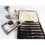 1930s hallmarked silver pepper pot, salt cellar and spoon,