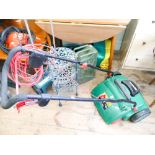 Scarifier, 2 lawn seed spreaders, Gerry can, Qualcast mower, saucepan rack etc.