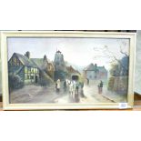 Early 20th century oil on canvas painting of a village scene dated 1917