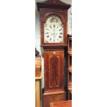 19th century 8 day grandfather clock with arched painted dial in inlaid mahogany case by R