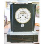 Large German black slate clock, with visible escapement to the white enamel dial,