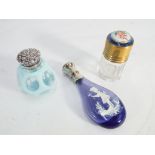 3 glass scent bottles to include amethyst Mary Gregory example (10cm long),