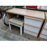 Oak effect dressing table with cream drawers and stool together with a pair of matching bedside