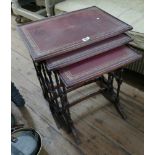 Nest of 3 tables with red leather insets