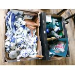 Qty of ice buckets, soda siphon, champagne bottles, another box containing blue and white china,