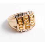 14ct yellow gold citrine and diamond dress ring set with baton cut citrines in a rectangular panel