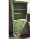 Green painted pine bookcase with pull down flap and 2 drawers