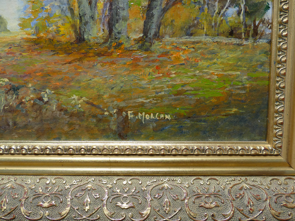 Oil on board of an impressionistic landscape signed F Morgan, framed in gilt frame, - Image 2 of 2