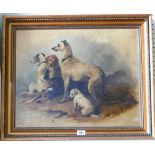 19th century oil on canvas portrait of a group of working dogs to include Lurcher,