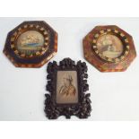 Miniature painting on tin depicting a be-wigged gentleman in a carved ebony rustic style frame