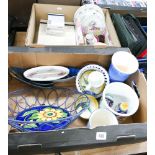 Two boxes of glass, china, ornaments, Wedgwood rabbit plates, place mats etc.