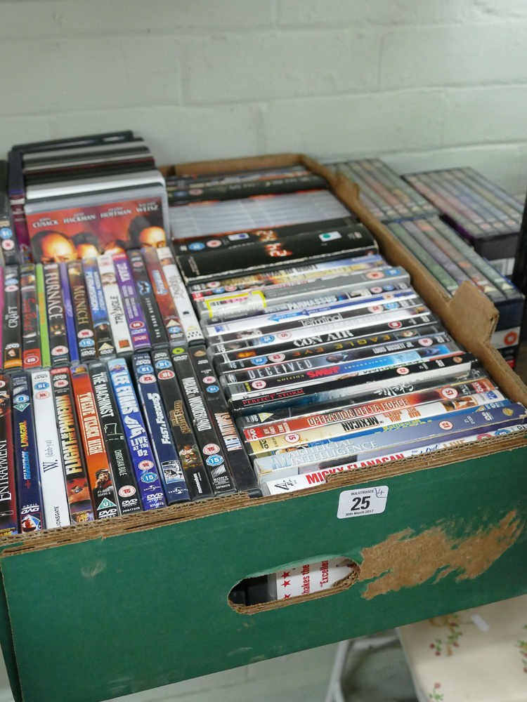 Large box of DVDs and 3 box sets of DVDs