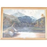 Oil 20th century landscape of lake and mountains scene monogrammed MME 1918