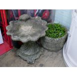 Concrete garden clam shaped bird bath and a circular plant pot
