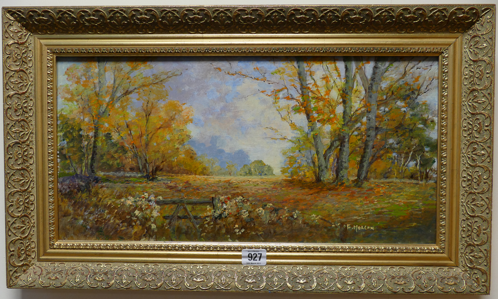Oil on board of an impressionistic landscape signed F Morgan, framed in gilt frame,