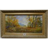 Oil on board of an impressionistic landscape signed F Morgan, framed in gilt frame,