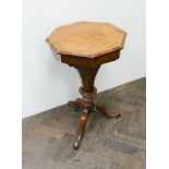 Victorian octagonal walnut work table on pillar and tri-pod base