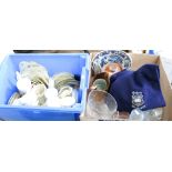 2 large boxes of glass, china, teasets, Oxford University scarf, jugs etc.