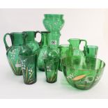 A collection of 10 pieces of Mary Gregory style green glass to include jugs, beakers, bowls,