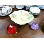 Carlton ware fruitbowl with servers and 2 glass paperweights