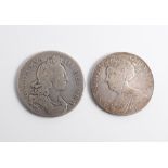 Two silver crowns William III 1695 and a Queen Anne 1707 E below the bust