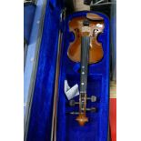 Violin with bow in blue material carry case