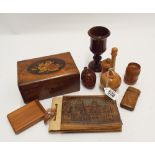 A collection of antique treen or wooden items to include an inlaid box, vesta case,