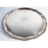 Greyhound interest - Large gadrooned edge hallmarked silver presentation salver with inscription