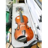 Old violin with bow in a blue material carry case 14 1/4 " long,