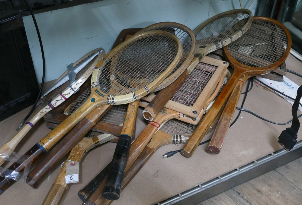 Large qty of vintage wooden tennis racquets,