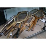 Large qty of vintage wooden tennis racquets,