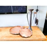 2 circular Newland style copper trays and a copper lamp