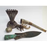 Collection of Middle Eastern artifacts to include cobra style candlestick and a trumpet (36cm)