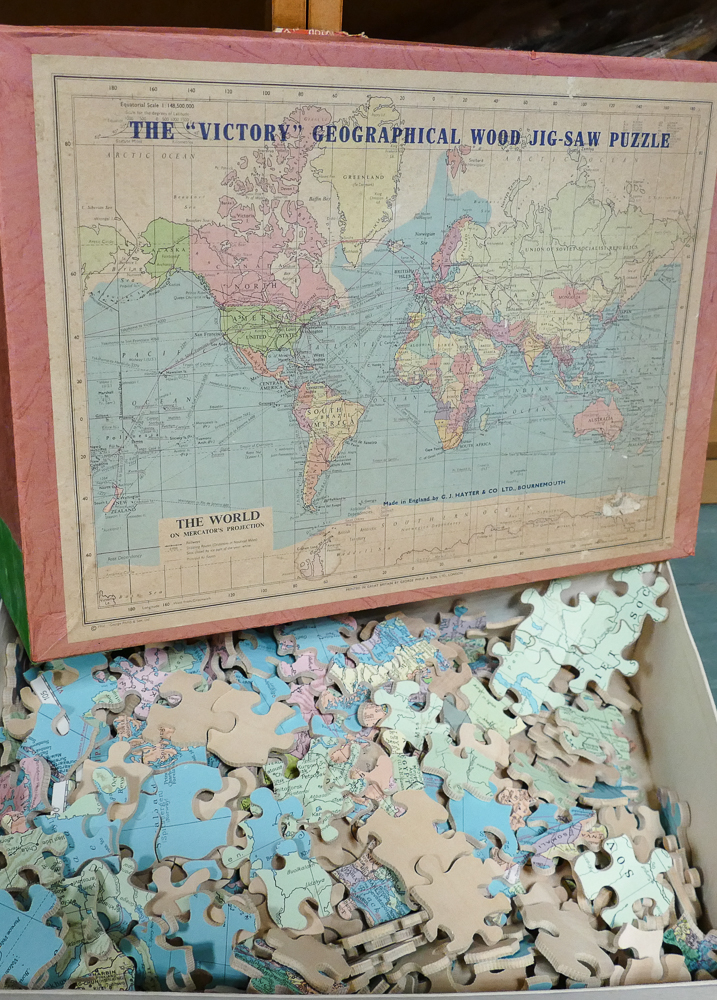 Vintage wooden jigsaw of the World and a tin jack in the box - Image 2 of 6