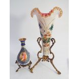 19th century gilt metal mounted vaseline glass vase and a painted Parian similarly mounted vase -