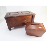 Miniature carved oak coffer box and a mahogany money box