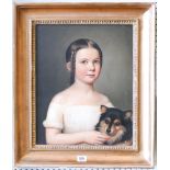 Early 19th century oil on canvas portrait of a young girl with a Pomeranian dog,