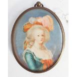 Decorative oval portrait miniature of a lady in 18th century dress