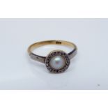 Small Edwardian cultured pearl and rose cut diamond cluster ring on an 18ct gold shank ring size K